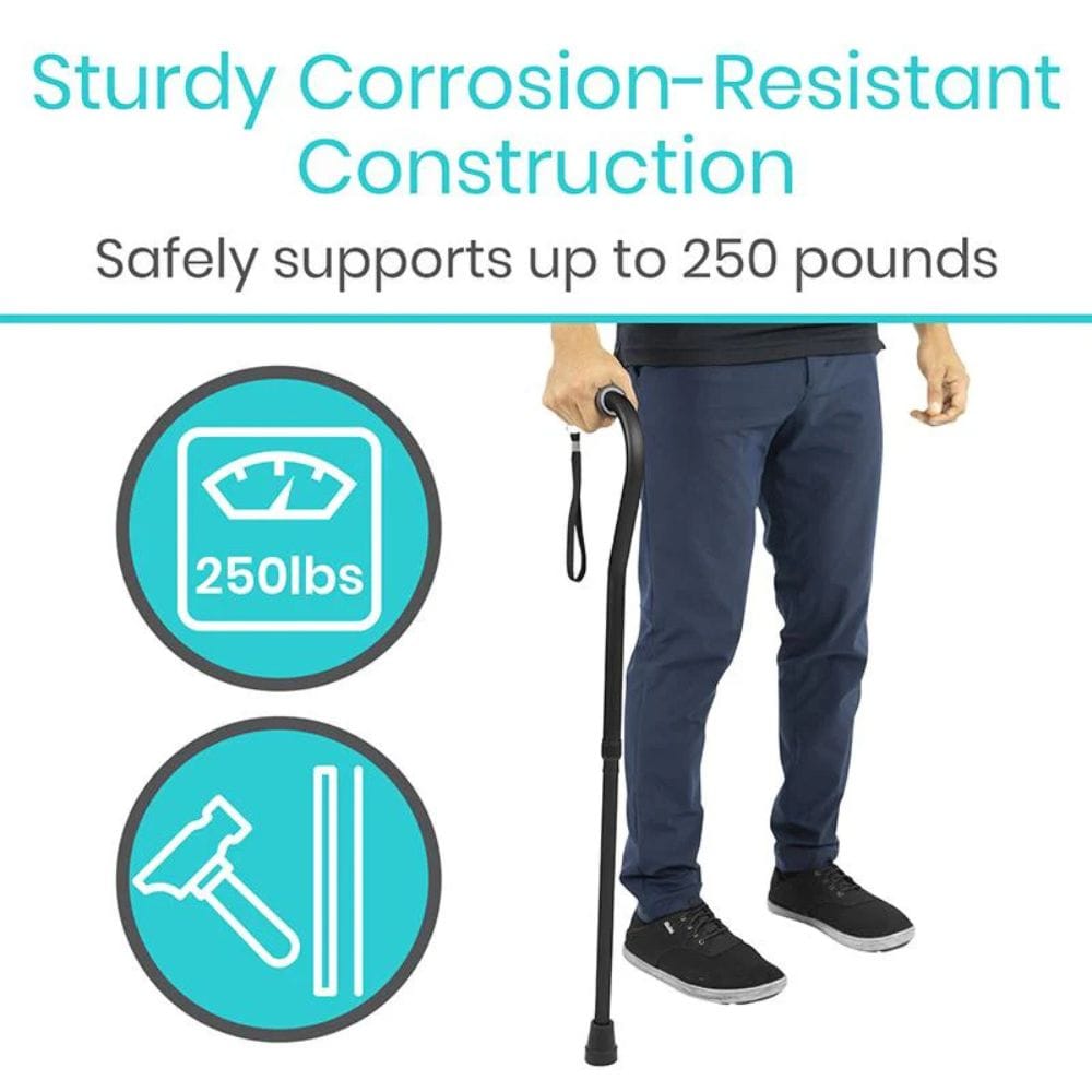 Person holding a walking cane with text about corrosion-resistant construction and weight capacity.