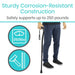 Person holding a walking cane with text about corrosion-resistant construction and weight capacity.