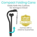 Compact folding cane with a Vive Health lifetime guarantee badge on a white background