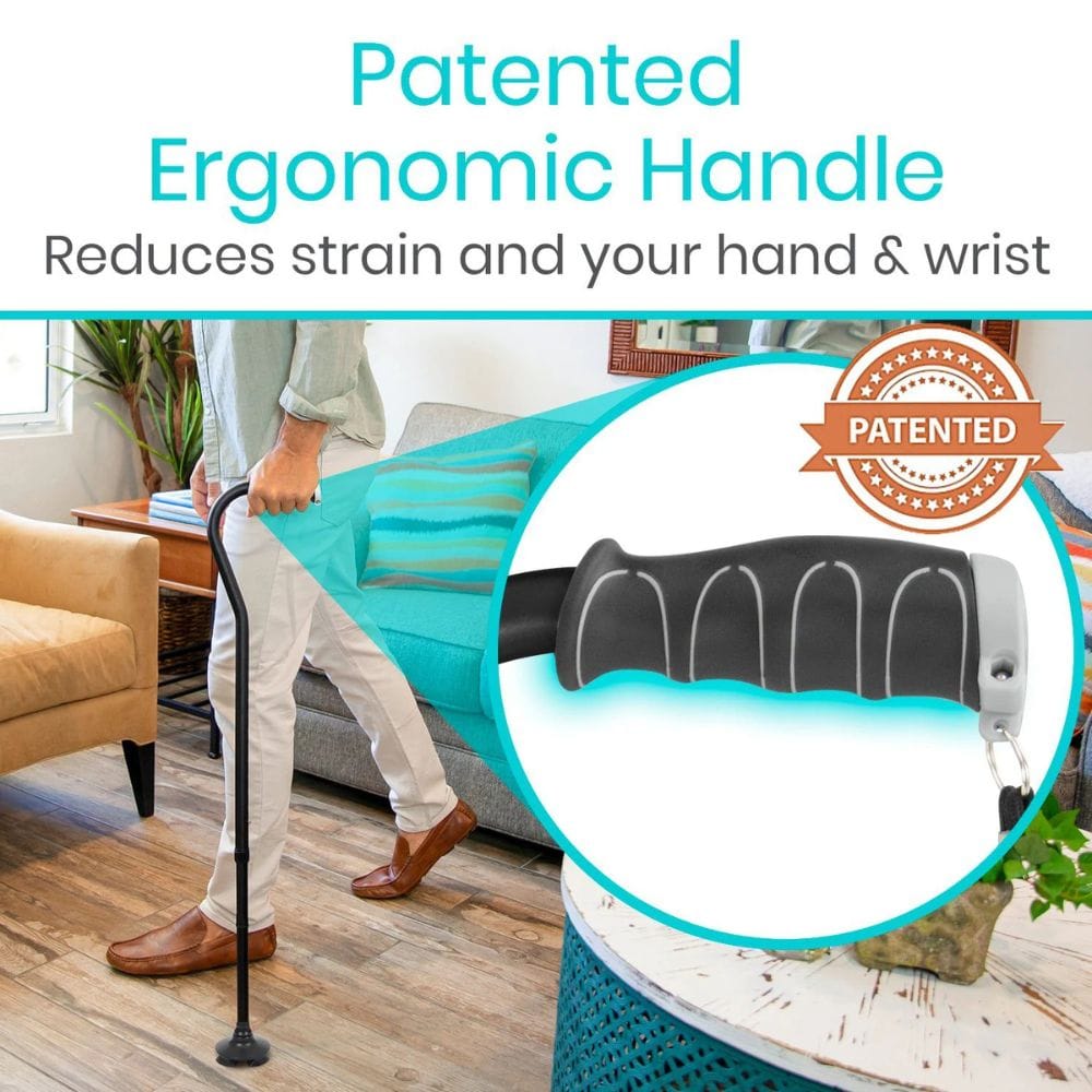 Person using a cane with a patented ergonomic handle in a living room setting.