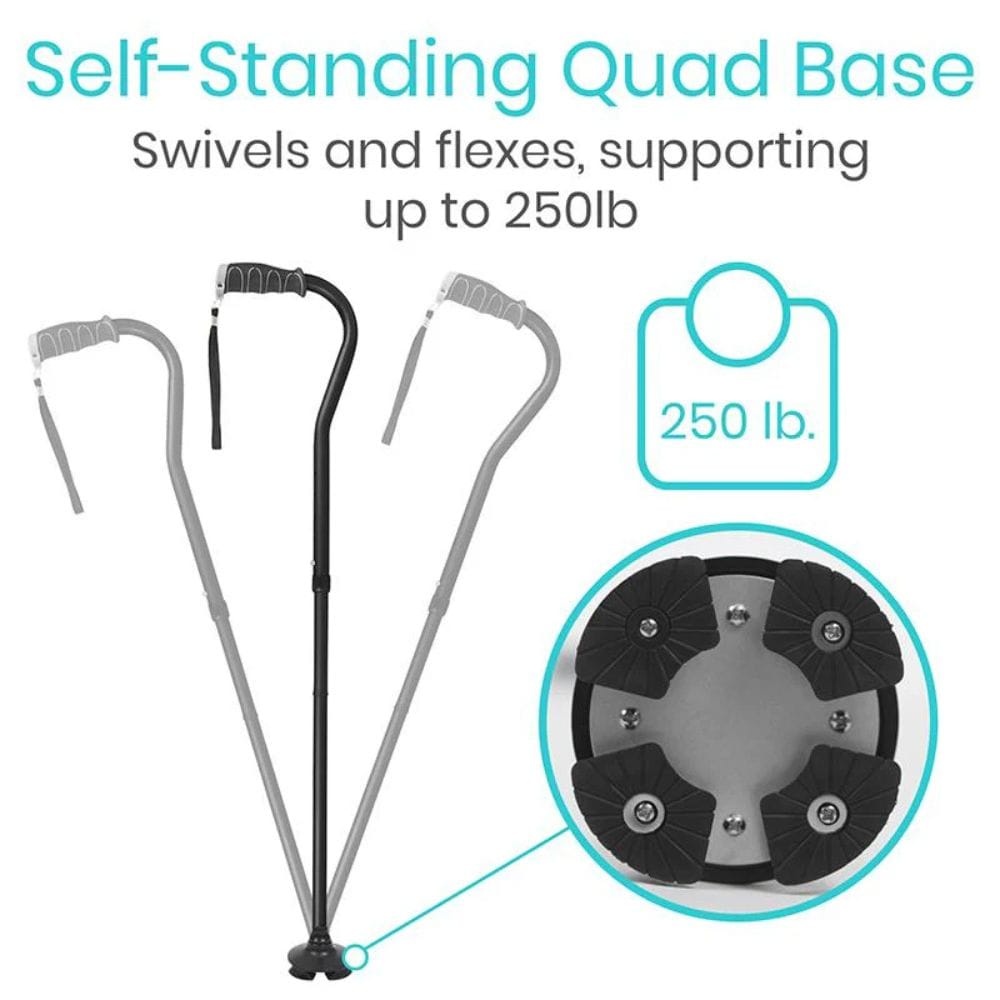 Self-standing quad base with swiveling and flexing feature, supporting up to 250lb.