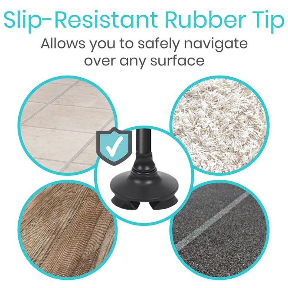 Slip-resistant rubber tip with images of different flooring types and a checkmark symbol.