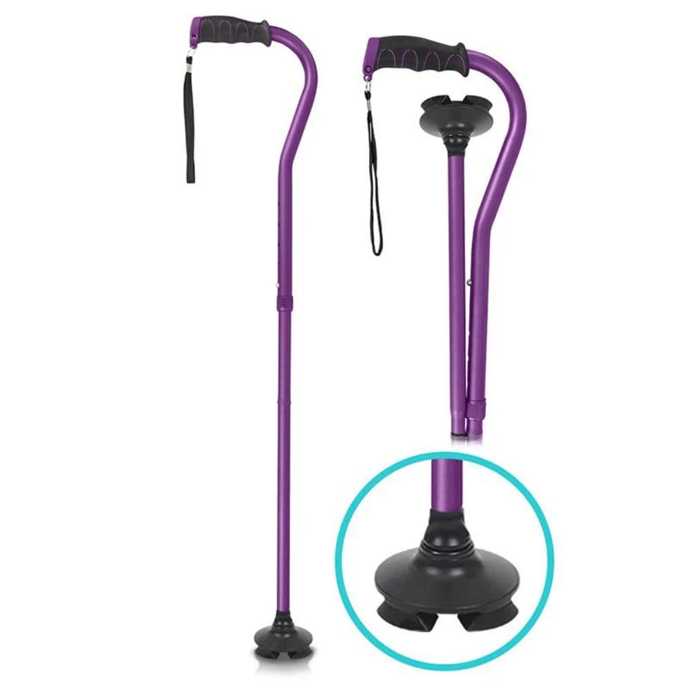 Purple walking cane with adjustable handle and base on a white background