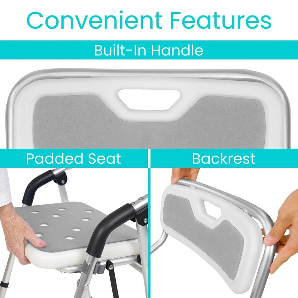 Stylized image of a shower chair with text highlighting features like a built-in handle, padded seat, and backrest.