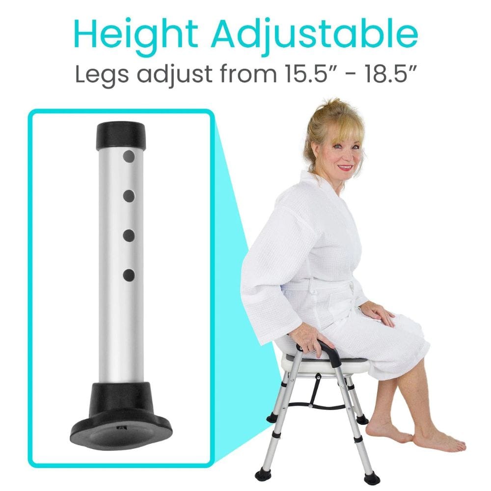 Height adjustable stool with a woman sitting on it, showing leg adjustment range.
