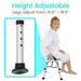 Height adjustable stool with a woman sitting on it, showing leg adjustment range.