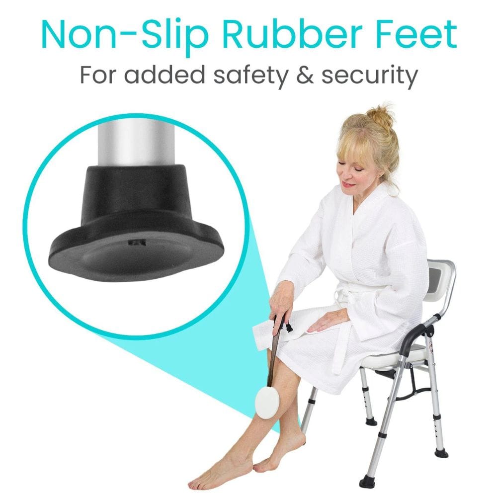 Woman sitting on a chair with non-slip rubber feet highlighted, emphasizing safety and security.