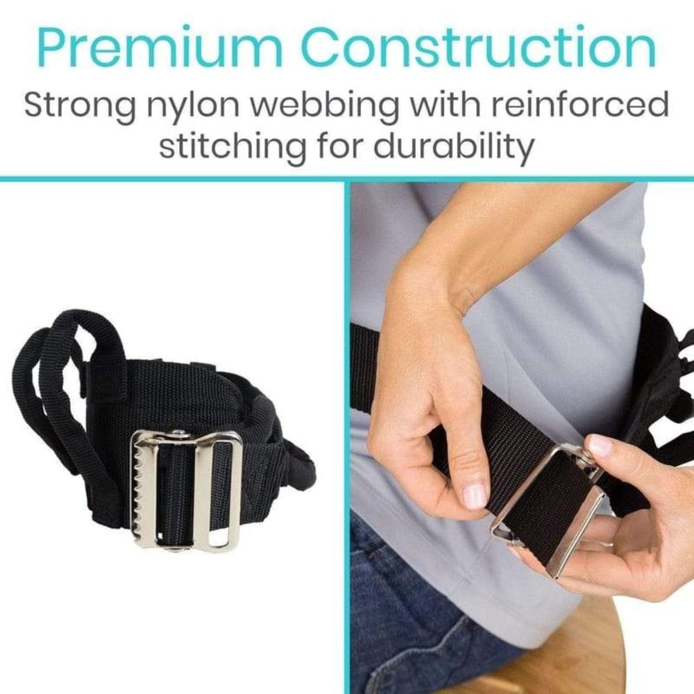 Black belt with metal buckle being used, labeled 'Premium Construction' with text about strong nylon webbing and reinforced stitching.
