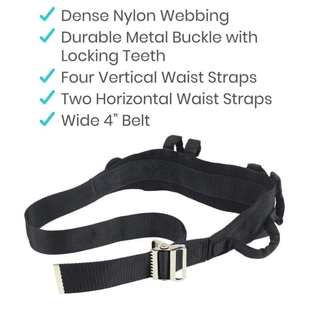 Black belt with metal buckle and waist straps on a white background, featuring text about belt features.