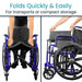 Wheelchair being folded quickly and easily with text indicating it's for transports or compact storage.