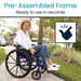 Woman using a blue wheelchair with text about a pre-assembled frame.