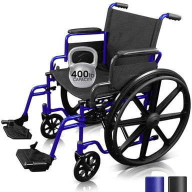 Wheelchair with blue frame and black seat, accompanied by a 400-pound capacity sign.