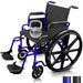 Wheelchair with blue frame and black seat, accompanied by a 400-pound capacity sign.