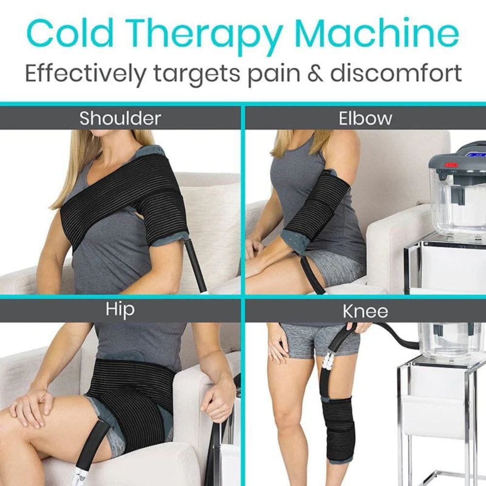 Cold therapy machine being used on different parts of the body including shoulder, elbow, hip, and knee.