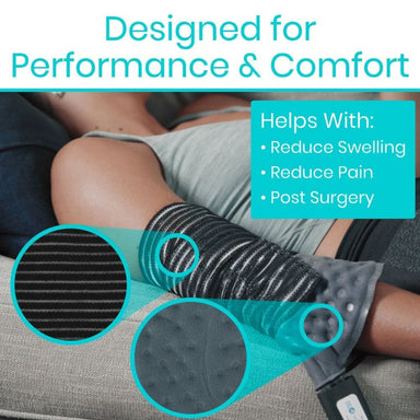 Compression therapy stocking with text highlighting performance and comfort benefits.