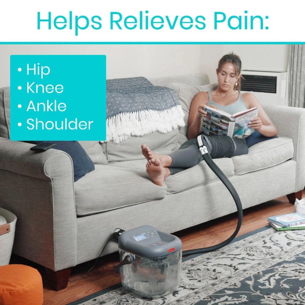 Person using a pain-relief device on a couch with text listing pain-relieving areas.