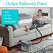 Person using a pain-relief device on a couch with text listing pain-relieving areas.