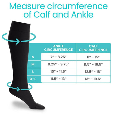 Measurement guide for knee-high socks with a black sock and size chart on a white background