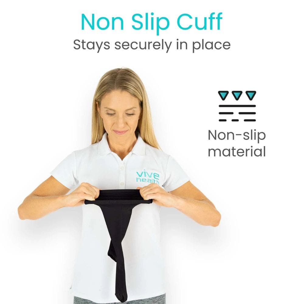 Woman wearing a white shirt with a visible brand logo, holding a black item with text about non-slip cuff.