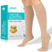 Beige thigh-high compression socks with Vive packaging on a white background