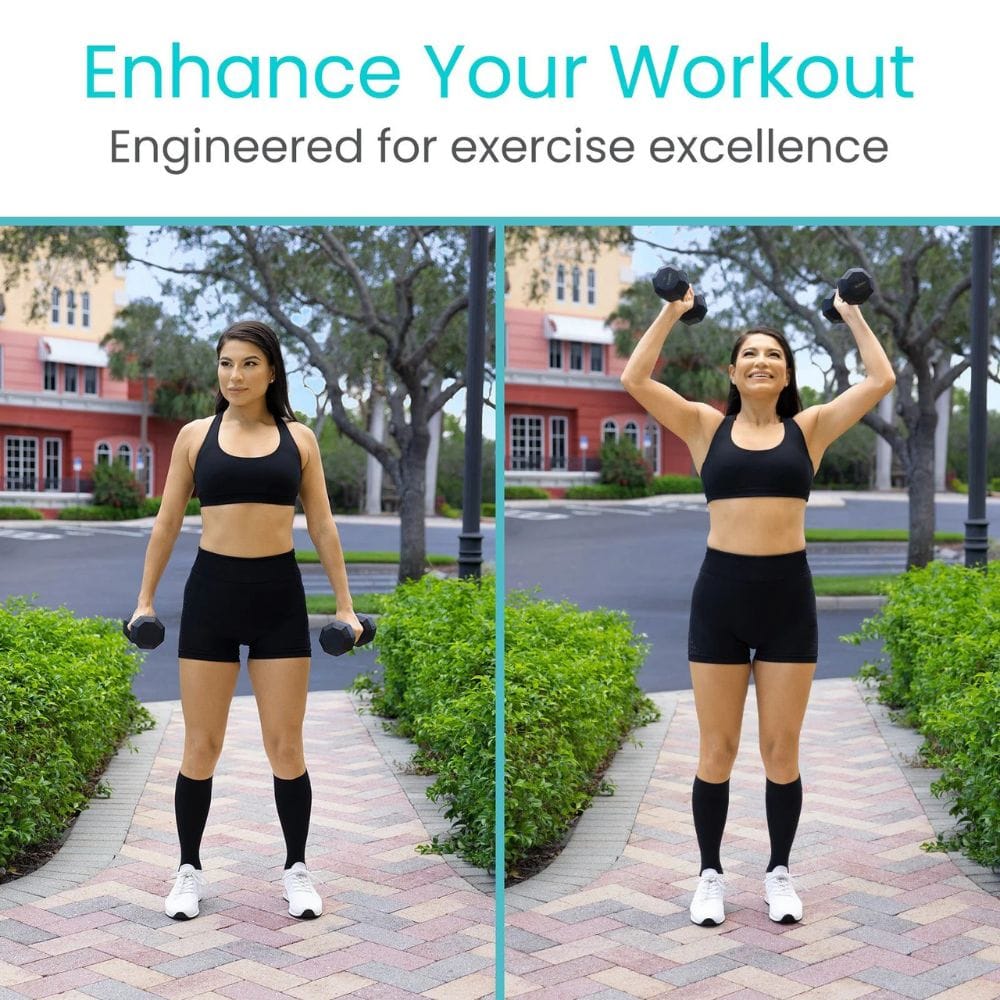Woman exercising outdoors with text 'Enhance Your Workout' and 'Engineered for exercise excellence'.