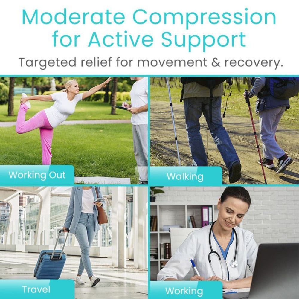 Collage of people engaging in various activities with text about moderate compression for active support.