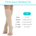 Beige compression stocking with size chart on a white background