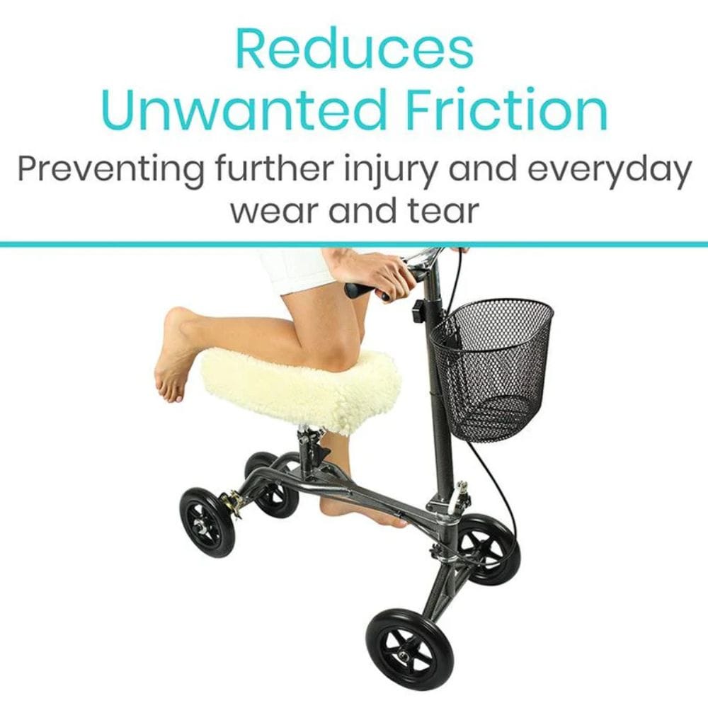 Knee walker with a cushioned knee pad on a white background, text about reducing friction and injury.