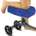 Blue knee pillow on a knee with a white background