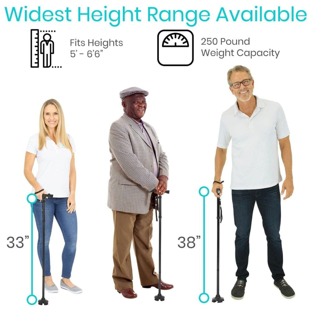 Three people demonstrating the widest height range and weight capacity of a product with measurements shown.