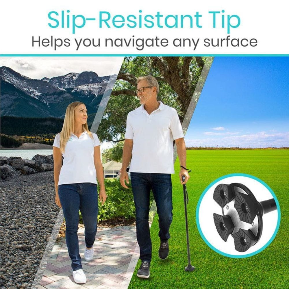 Couple walking outdoors with a product showing slip-resistant tip inset.