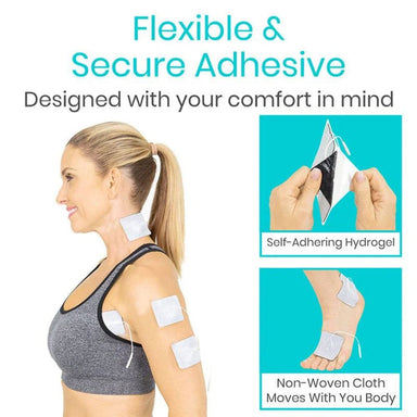 Woman wearing self-adhering hydrogel patches on her arm with text highlighting 'Flexible & Secure Adhesive' and 'Designed with your comfort in mind'.