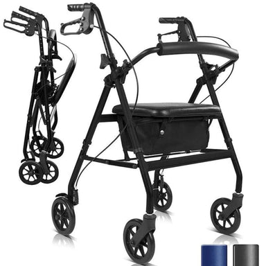 Black rollator with folded legs on a white background
