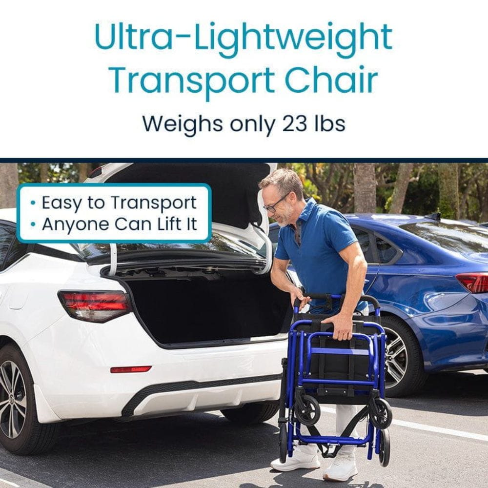 Man using an ultra-lightweight transport chair next to a car with text highlighting its weight and ease of use.