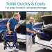 Man folding a blue walker quickly and easily for travel and storage.