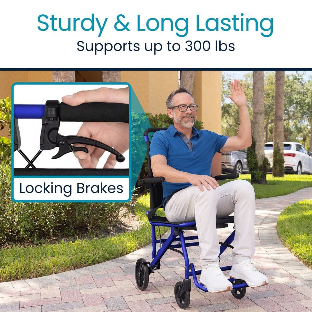 Man using a mobility scooter with locking brakes highlighted, sitting outdoors on a sidewalk.