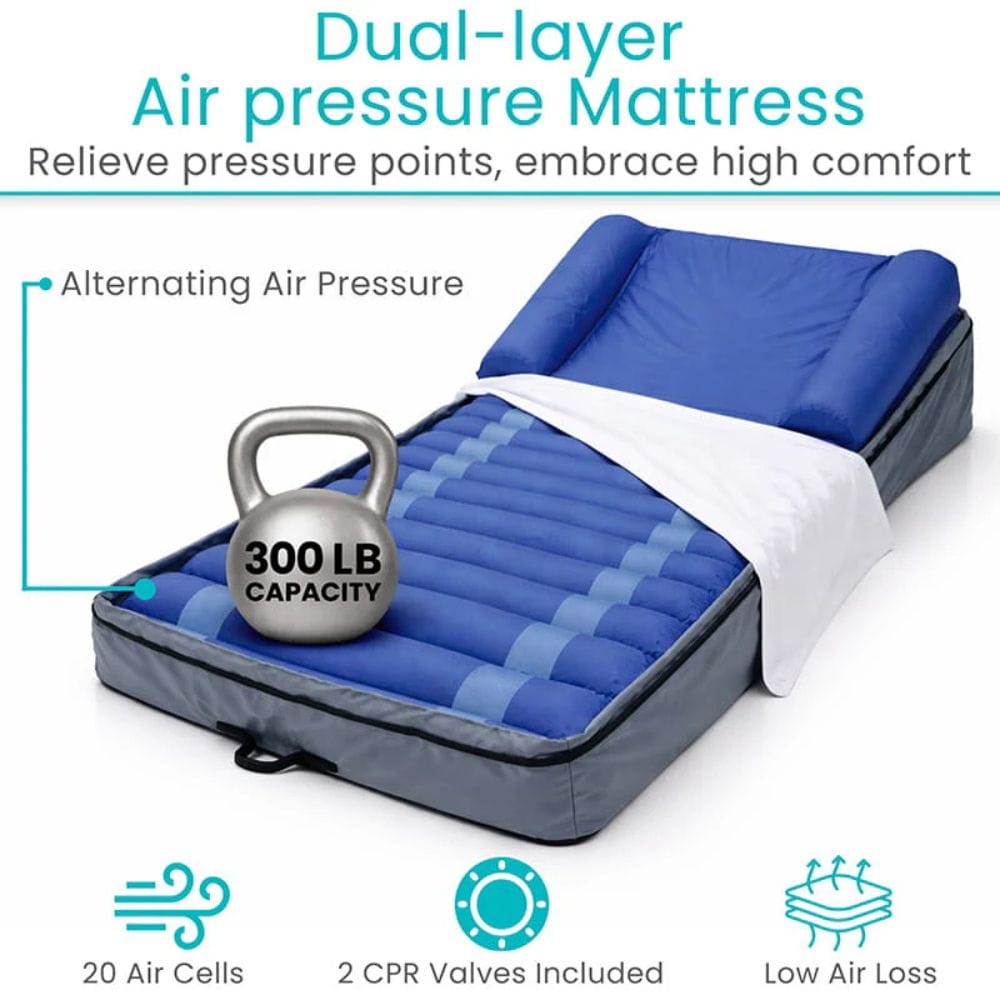 Blue dual-layer air pressure mattress with a 300 lb capacity weight on top, on a white background.