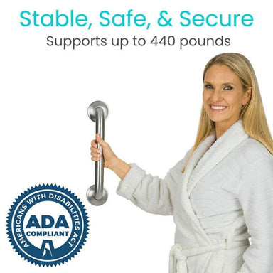 Woman in a white robe holding a grab bar with text 'Stable, Safe, & Secure Supports up to 440 pounds' and ADA compliance logo.