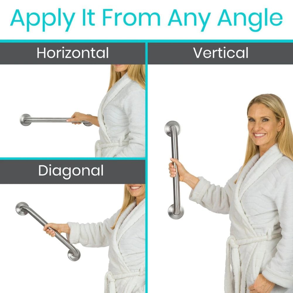 Woman in a bathrobe holding a grab bar from different angles with text 'Apply It From Any Angle'.