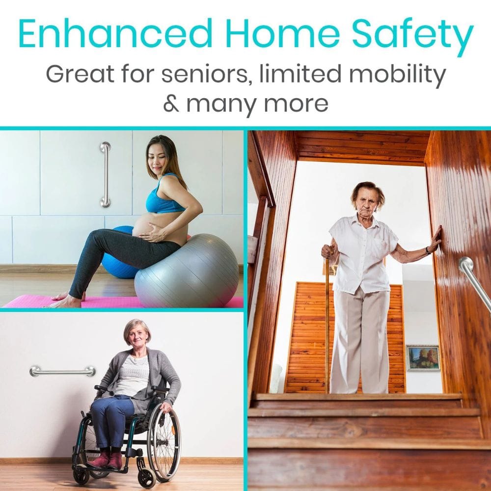 Collage of images showing people using home safety products with text 'Enhanced Home Safety' and 'Great for seniors, limited mobility & many more'.