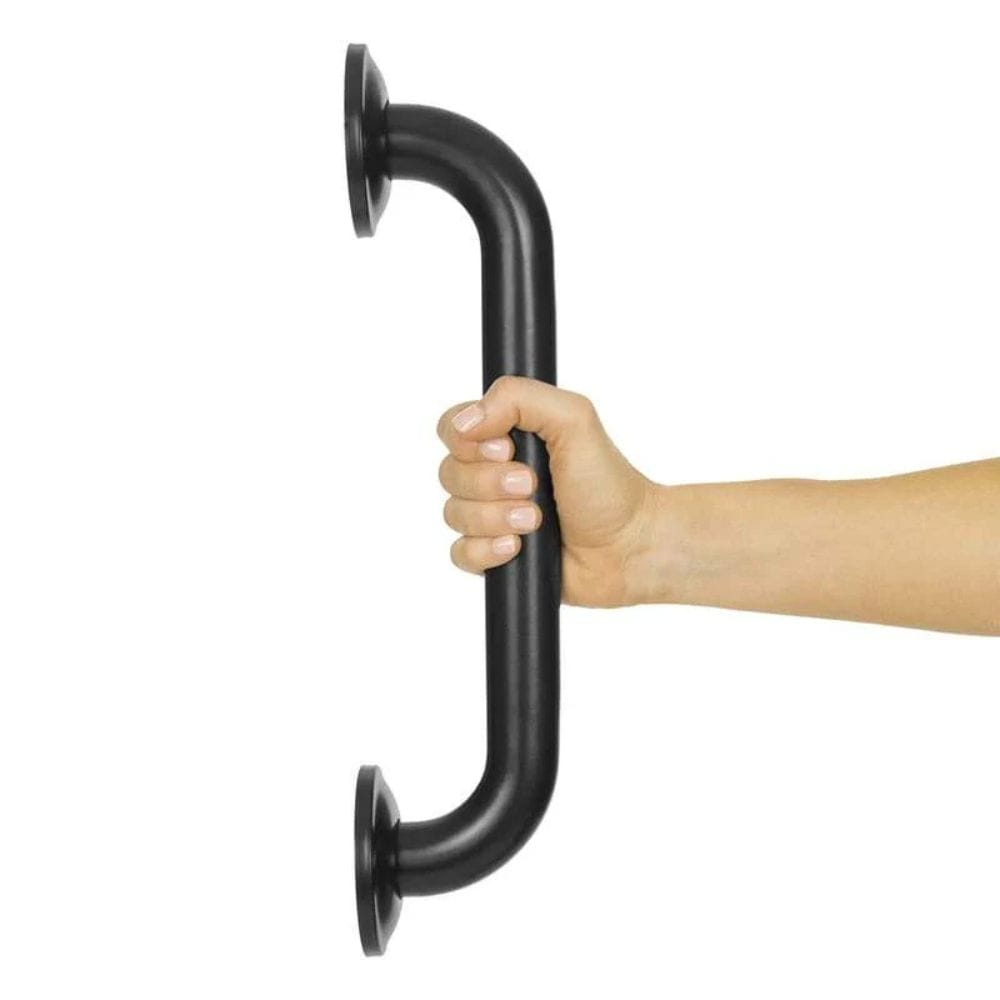 Black grab bar with a hand holding it on a white background