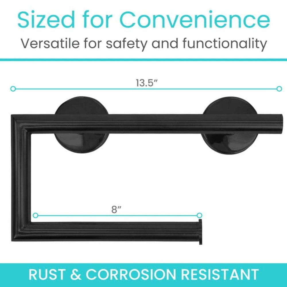 Black towel bar with measurements and text about safety, functionality, and rust-corrosion resistance on a white background.