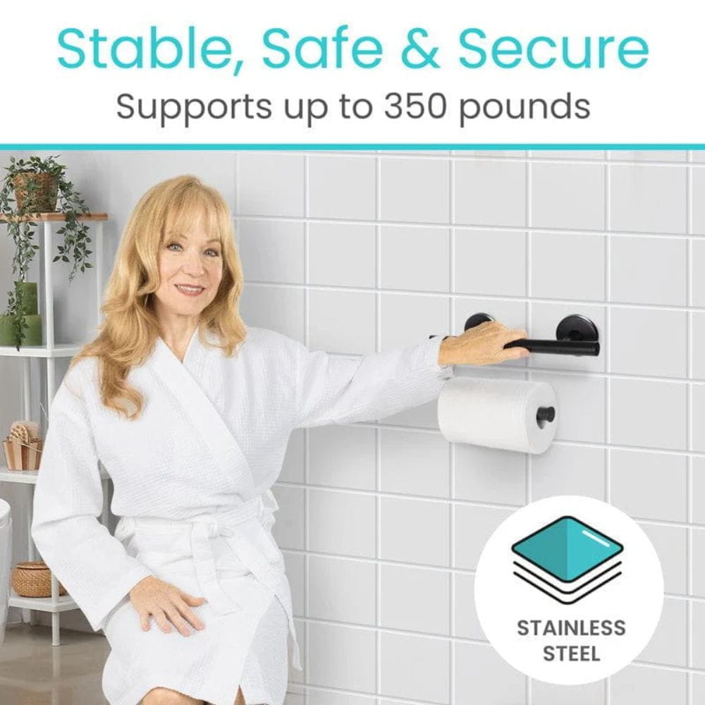 Woman in a white robe using a bathroom safety handle with text 'Stable, Safe & Secure Supports up to 350 pounds' and 'Stainless Steel' icon.