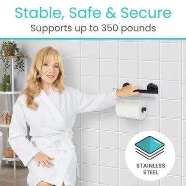 Woman in a white robe using a bathroom safety handle with text 'Stable, Safe & Secure Supports up to 350 pounds' and 'Stainless Steel' icon.