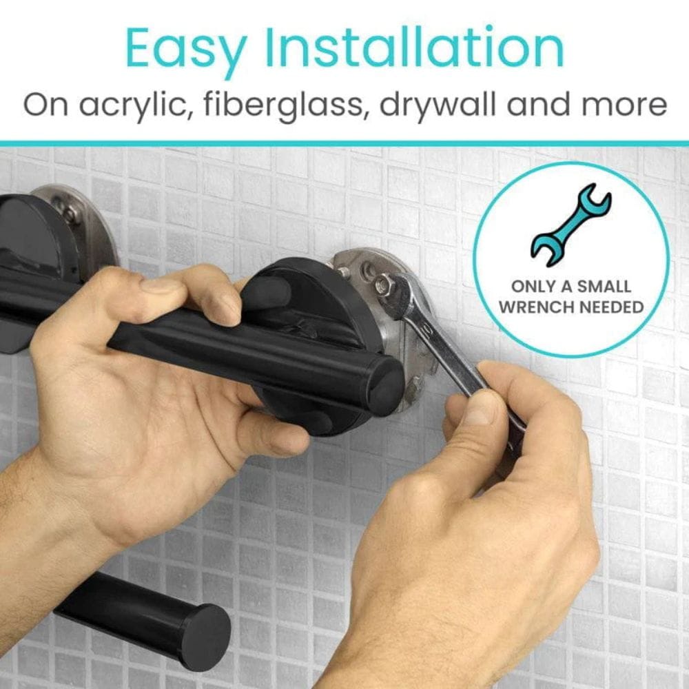 Hands installing a black bathroom fixture with text about easy installation on various surfaces.