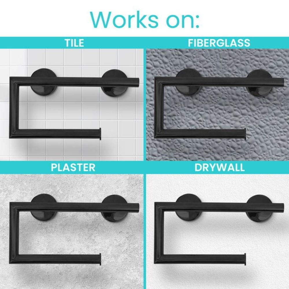 Black towel bar tested on tile, fiberglass, plaster, and drywall surfaces.