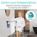 Woman using a bathroom safety aid with text 'Aid for your Independence' and 'Sturdy' icon.