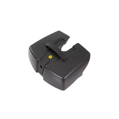 Black plastic component with a yellow dot on a white background