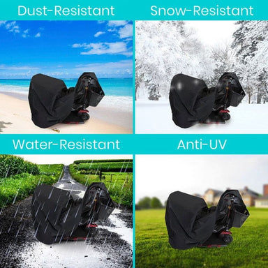 Four images showing a black bag's resistance to dust, snow, water, and UV light.