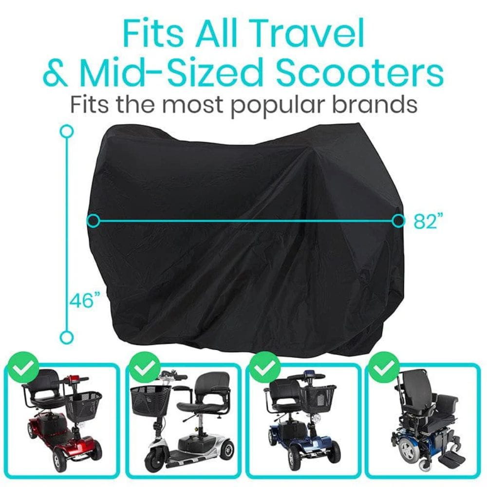 Black scooter cover with dimensions and compatibility with various scooter brands on a white background